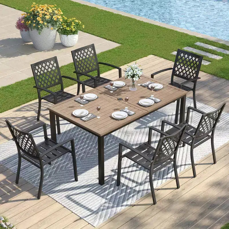 Captiva Designs Ensemble Repas de Jardin 7 pièces Table Rectangulaire en Acier Finition Bois Flotté & Chaises à Accoudoirs en Métal