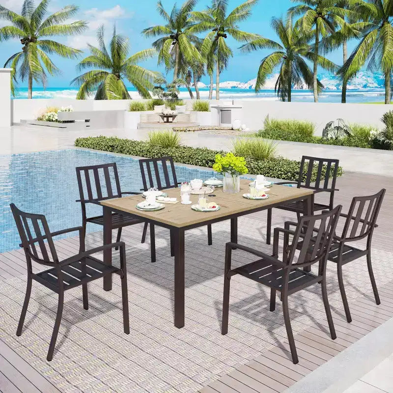 Captiva Designs Ensemble Repas de Jardin 7 pièces Table Rectangulaire en Acier Finition Bois Flotté & Chaises à Accoudoirs en Métal