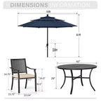 Captiva Designs 6pc Outdoor Slat-top Round Metal Dining Table & Cushioned Metal Chairs & Market Umbrella