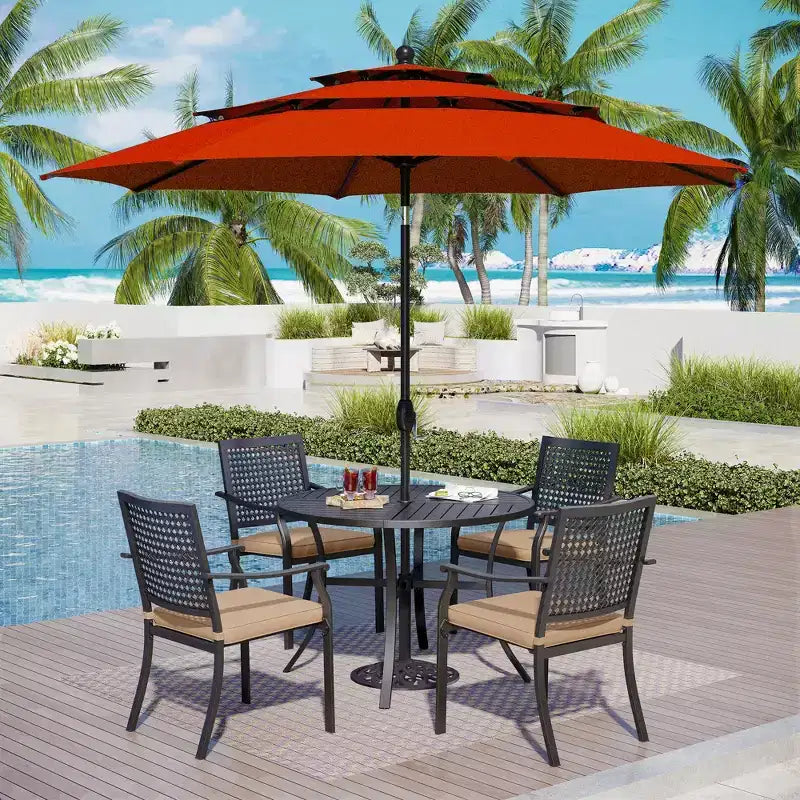 Captiva Designs 6pc Outdoor Slat-top Round Metal Dining Table & Cushioned Metal Chairs & Market Umbrella