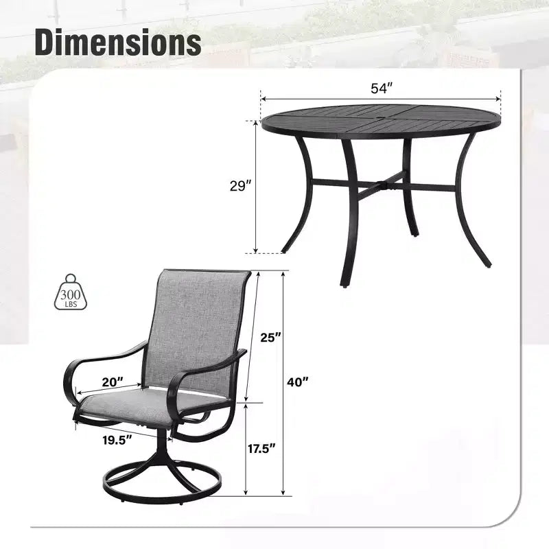 Captiva Designs 7pc Black Round Slatted Steel Table with Umbrella Hole & Textilene Swivel Chairs