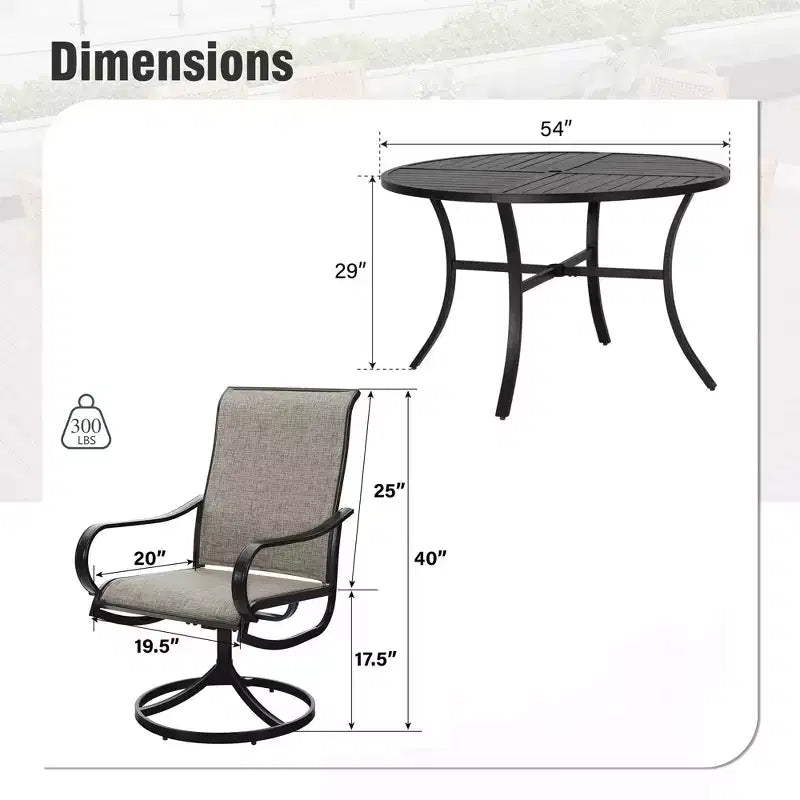 Captiva Designs 7pc Black Round Slatted Steel Table with Umbrella Hole & Textilene Swivel Chairs