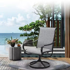 Captiva Designs 7pc Black Round Slatted Steel Table with Umbrella Hole & Textilene Swivel Chairs