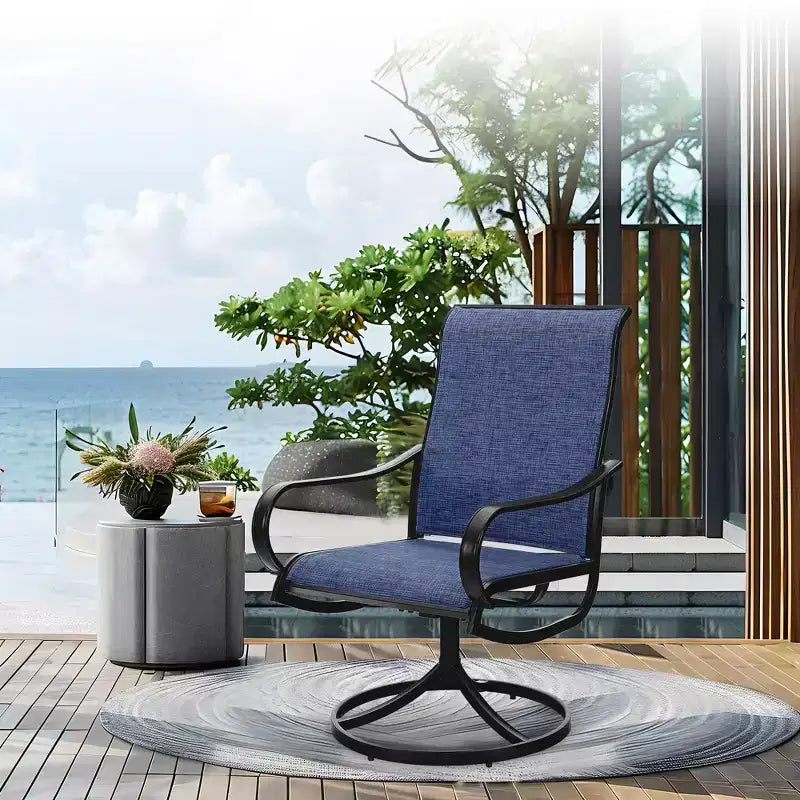 Captiva Designs 7pc Black Round Slatted Steel Table with Umbrella Hole & Textilene Swivel Chairs