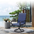 Captiva Designs 7pc Black Round Slatted Steel Table with Umbrella Hole & Textilene Swivel Chairs
