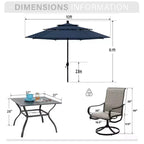Captiva Designs Ensemble de salle à manger de jardin 6 pièces avec table carrée en acier, chaises pivotantes en textilène et parasol.