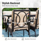 Captiva Designs Ensemble repas de 9 pièces pour terrasse avec table extensible rectangulaire en acier, chaises fixes en rotin et métal et fauteuils pivotants.