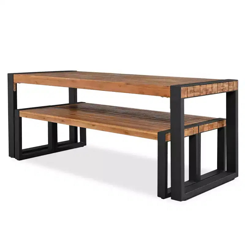 Ensemble de salle à manger 3 pièces pour terrasse, table de salle à manger extérieure avec 2 bancs, plateau en bois d'acacia et cadre en acier, tout temps, extérieur et intérieur, naturel - ModernLuxe
