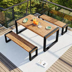 Ensemble de salle à manger 3 pièces pour terrasse, table de salle à manger extérieure avec 2 bancs, plateau en bois d'acacia et cadre en acier, tout temps, extérieur et intérieur, naturel - ModernLuxe