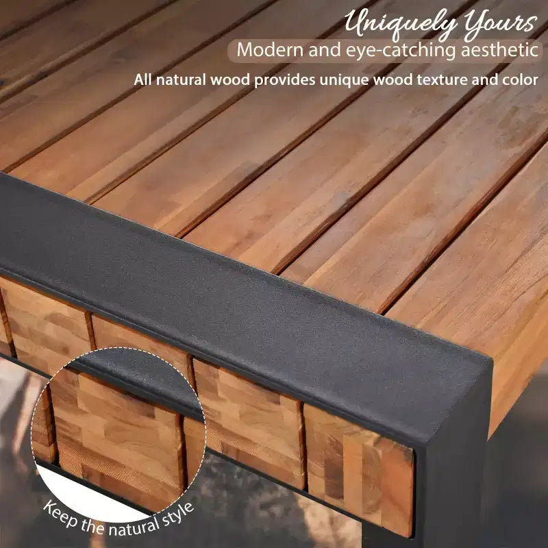 Ensemble de salle à manger 3 pièces pour terrasse, table de salle à manger extérieure avec 2 bancs, plateau en bois d'acacia et cadre en acier, tout temps, extérieur et intérieur, naturel - ModernLuxe