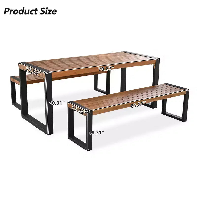 Ensemble de salle à manger 3 pièces pour terrasse, table de salle à manger extérieure avec 2 bancs, plateau en bois d'acacia et cadre en acier, tout temps, extérieur et intérieur, naturel - ModernLuxe