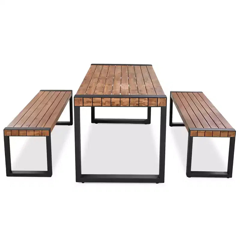 Ensemble de salle à manger 3 pièces pour terrasse, table de salle à manger extérieure avec 2 bancs, plateau en bois d'acacia et cadre en acier, tout temps, extérieur et intérieur, naturel - ModernLuxe