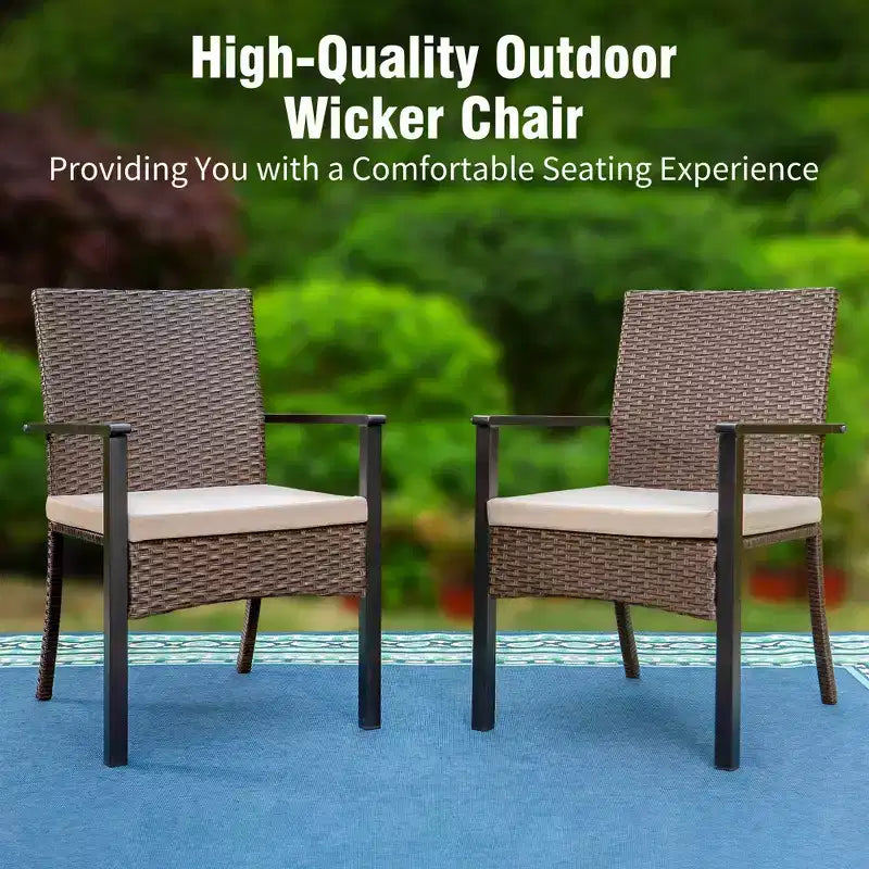 Captiva Designs 7pc Outdoor Patio Black Steel Dining Table with Umbrella Hole & Cushioned Armrest Rattan Chairs