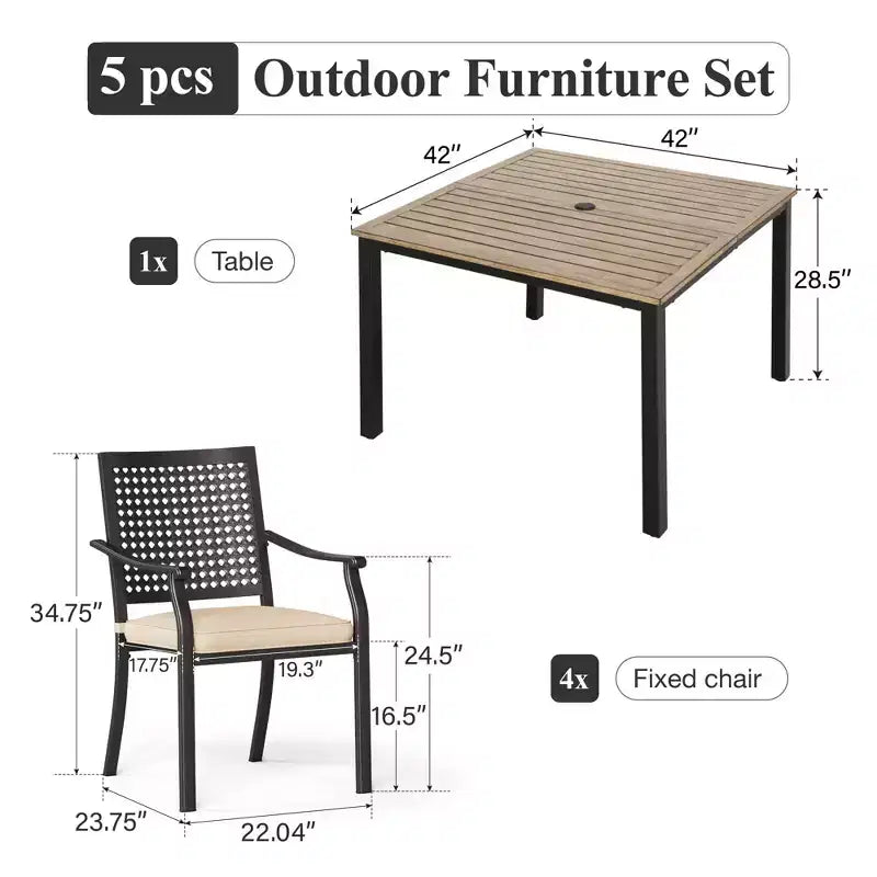 Captiva Designs Ensemble de salle à manger de patio 5 pièces en acier avec table carrée effet bois et chaises en métal avec coussin