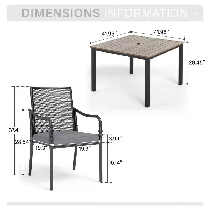 Captiva Designs Table de salle à manger de patio 5 pièces en acier avec trou de parasol et chaises en métal avec coussins