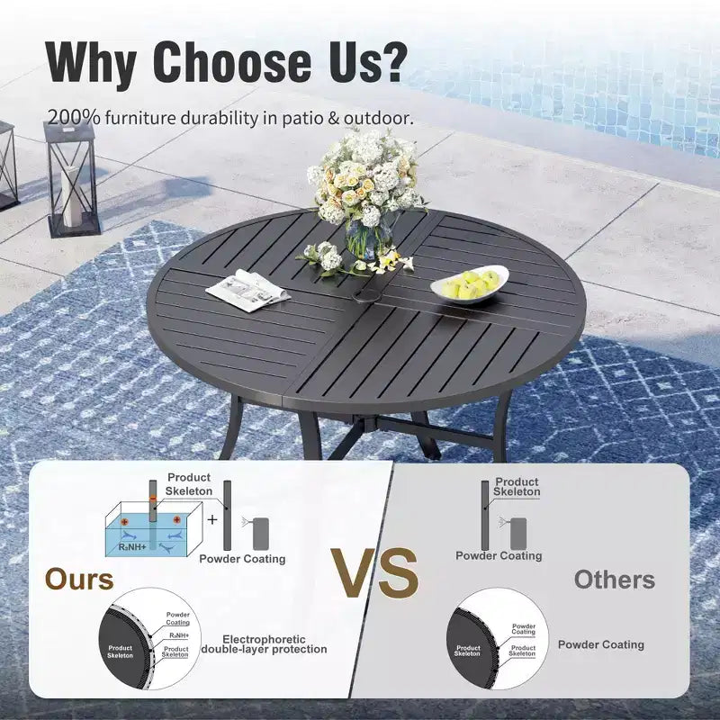 Captiva Designs Table de salle à manger de patio 5 pièces en acier avec trou de parasol et chaises en métal avec coussins