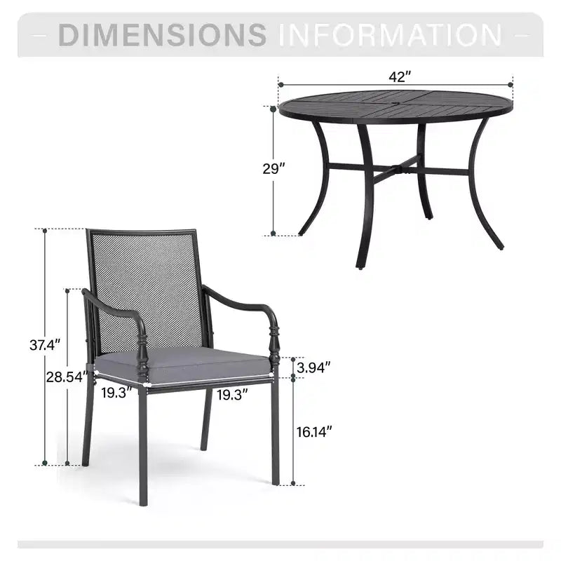 Captiva Designs Table de salle à manger de patio 5 pièces en acier avec trou de parasol et chaises en métal avec coussins