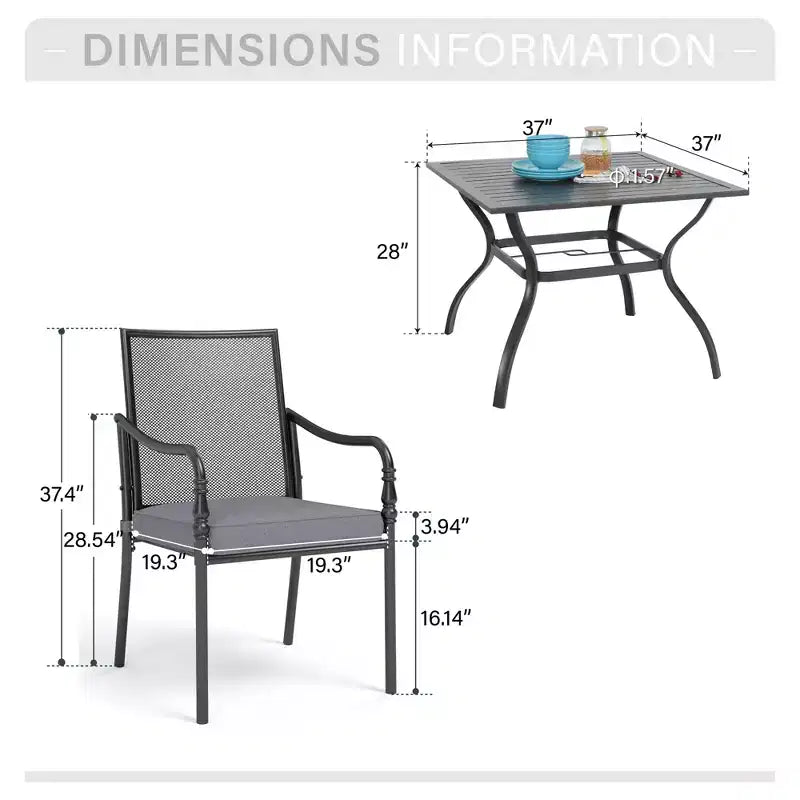 Captiva Designs Table de salle à manger de patio 5 pièces en acier avec trou de parasol et chaises en métal avec coussins