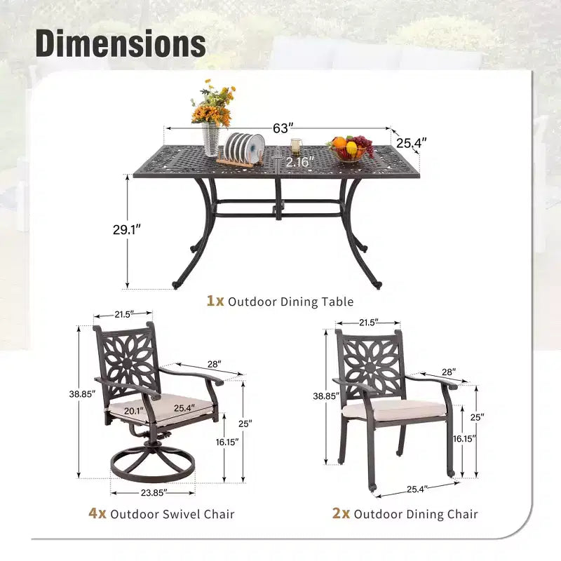 Ensemble de salle à manger d'extérieur 7 pièces Captiva Designs en fonte d'aluminium avec table rectangulaire et chaises à dossier fleuri