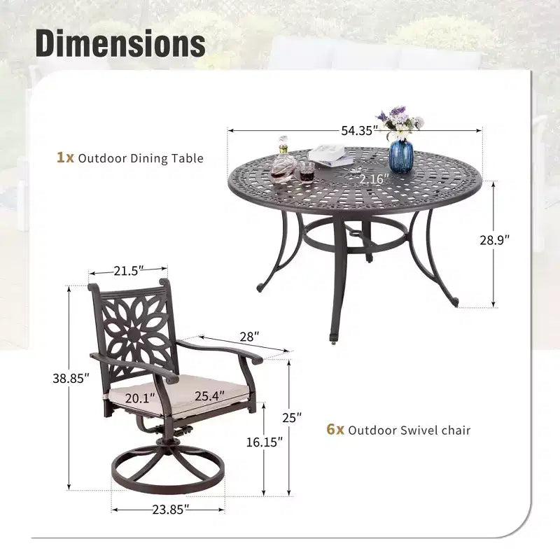 Captiva Designs 7PC Cast Aluminum Patio Dining Set with Round Table & Flower Back Chairs