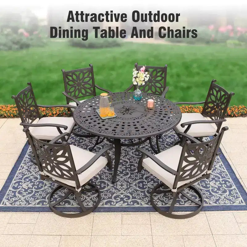Captiva Designs 7PC Cast Aluminum Patio Dining Set with Round Table & Flower Back Chairs