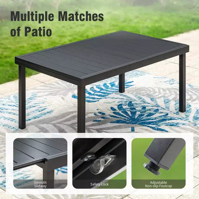 Captiva Designs 7pc Patio Slat-top Adjustable Rectangular Table & Gray Textilene Aluminum Chairs