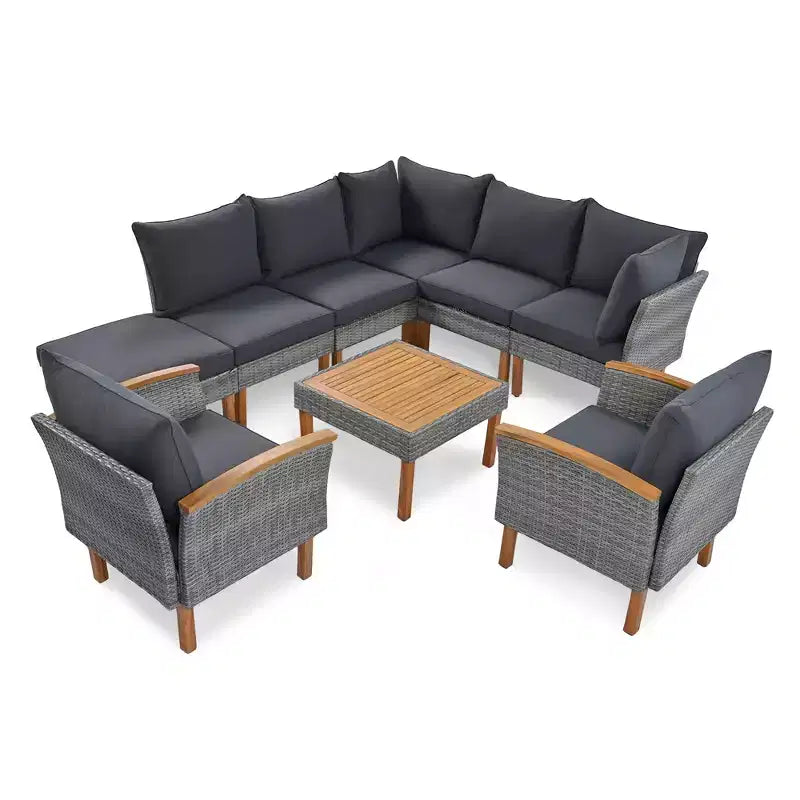 Whisen 9-Piece Weather-Resistant Patio Rattan Furniture Sets & Outdoor Conversation Sectional Sofa Couch Set with Coffee Table and Cushions - Gray