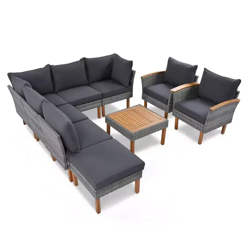 Whisen 9-Piece Weather-Resistant Patio Rattan Furniture Sets & Outdoor Conversation Sectional Sofa Couch Set with Coffee Table and Cushions - Gray