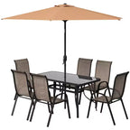 Outsunny Ensemble de Meubles de Jardin 8 Pièces avec Parasol, Table et Chaises de Salle à Manger d'Extérieur, 6 Chaises, Parasol Inclinable à Bouton-Poussoir et Manivelle, Plateau en Verre
