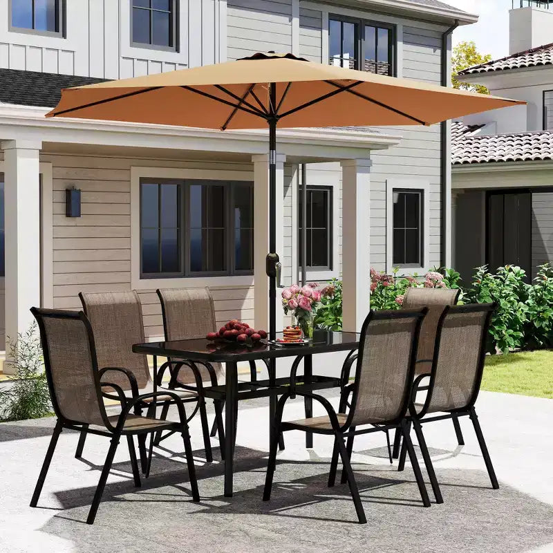 Outsunny Ensemble de Meubles de Jardin 8 Pièces avec Parasol, Table et Chaises de Salle à Manger d'Extérieur, 6 Chaises, Parasol Inclinable à Bouton-Poussoir et Manivelle, Plateau en Verre
