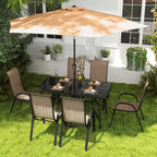 Outsunny Ensemble de Meubles de Jardin 8 Pièces avec Parasol, Table et Chaises de Salle à Manger d'Extérieur, 6 Chaises, Parasol Inclinable à Bouton-Poussoir et Manivelle, Plateau en Verre