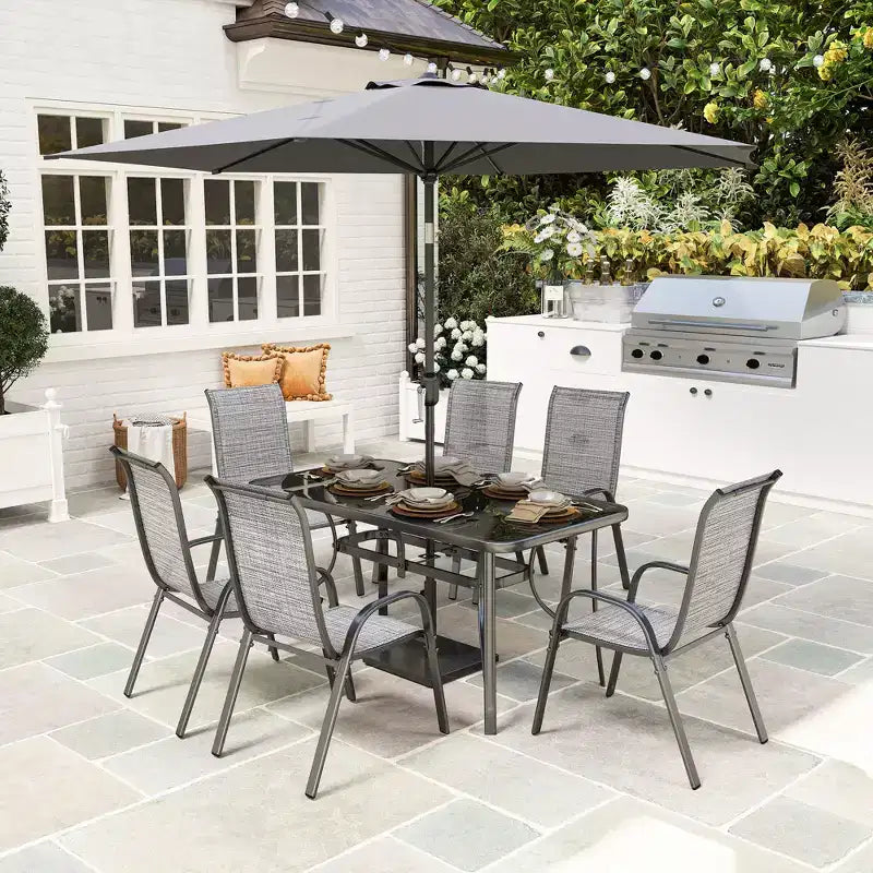 Outsunny Ensemble de Meubles de Jardin 8 Pièces avec Parasol, Table et Chaises de Salle à Manger d'Extérieur, 6 Chaises, Parasol Inclinable à Bouton-Poussoir et Manivelle, Plateau en Verre