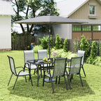Outsunny Ensemble de Meubles de Jardin 8 Pièces avec Parasol, Table et Chaises de Salle à Manger d'Extérieur, 6 Chaises, Parasol Inclinable à Bouton-Poussoir et Manivelle, Plateau en Verre