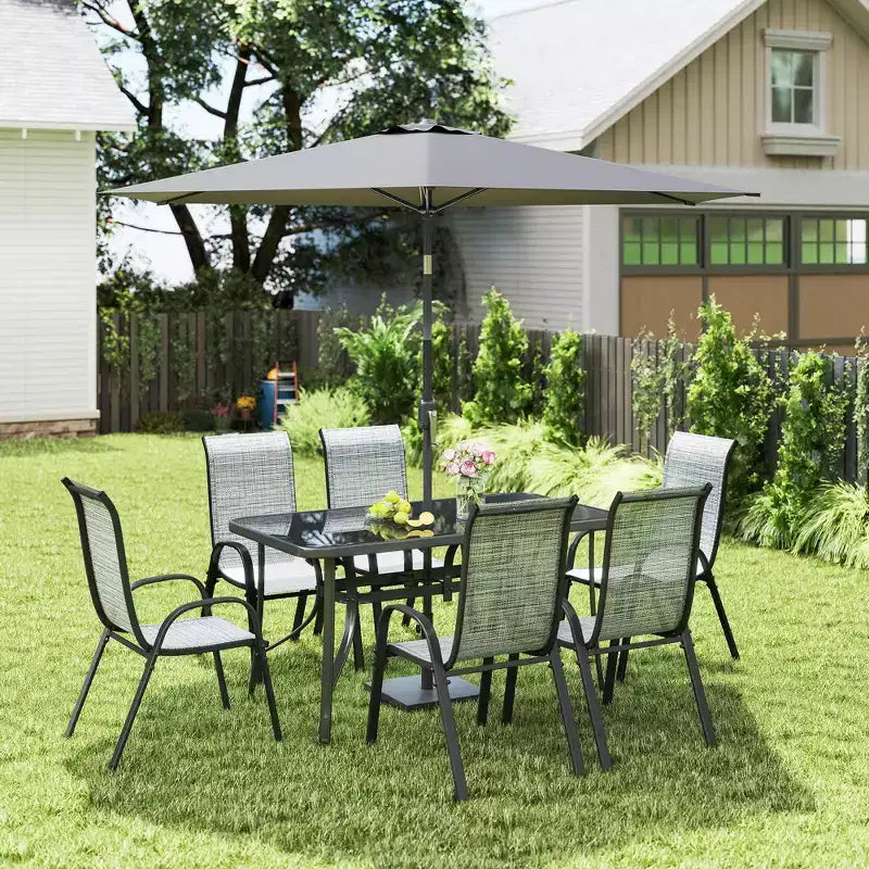 Outsunny Ensemble de Meubles de Jardin 8 Pièces avec Parasol, Table et Chaises de Salle à Manger d'Extérieur, 6 Chaises, Parasol Inclinable à Bouton-Poussoir et Manivelle, Plateau en Verre