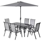 Outsunny Ensemble de Meubles de Jardin 8 Pièces avec Parasol, Table et Chaises de Salle à Manger d'Extérieur, 6 Chaises, Parasol Inclinable à Bouton-Poussoir et Manivelle, Plateau en Verre