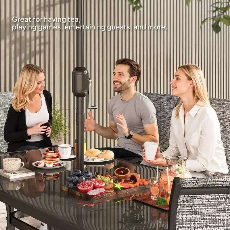 Outsunny Ensemble de Meubles de Jardin 8 Pièces avec Parasol, Table et Chaises de Salle à Manger d'Extérieur, 6 Chaises, Parasol Inclinable à Bouton-Poussoir et Manivelle, Plateau en Verre