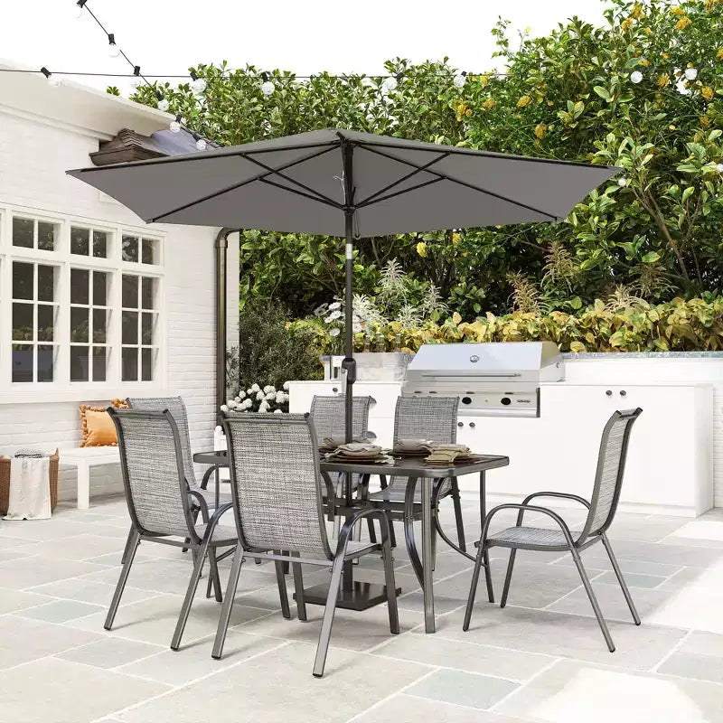 Outsunny Ensemble de Meubles de Jardin 8 Pièces avec Parasol, Table et Chaises de Salle à Manger d'Extérieur, 6 Chaises, Parasol Inclinable à Bouton-Poussoir et Manivelle, Plateau en Verre