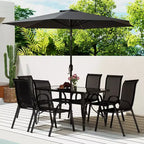 Outsunny Ensemble de Meubles de Jardin 8 Pièces avec Parasol, Table et Chaises de Salle à Manger d'Extérieur, 6 Chaises, Parasol Inclinable à Bouton-Poussoir et Manivelle, Plateau en Verre