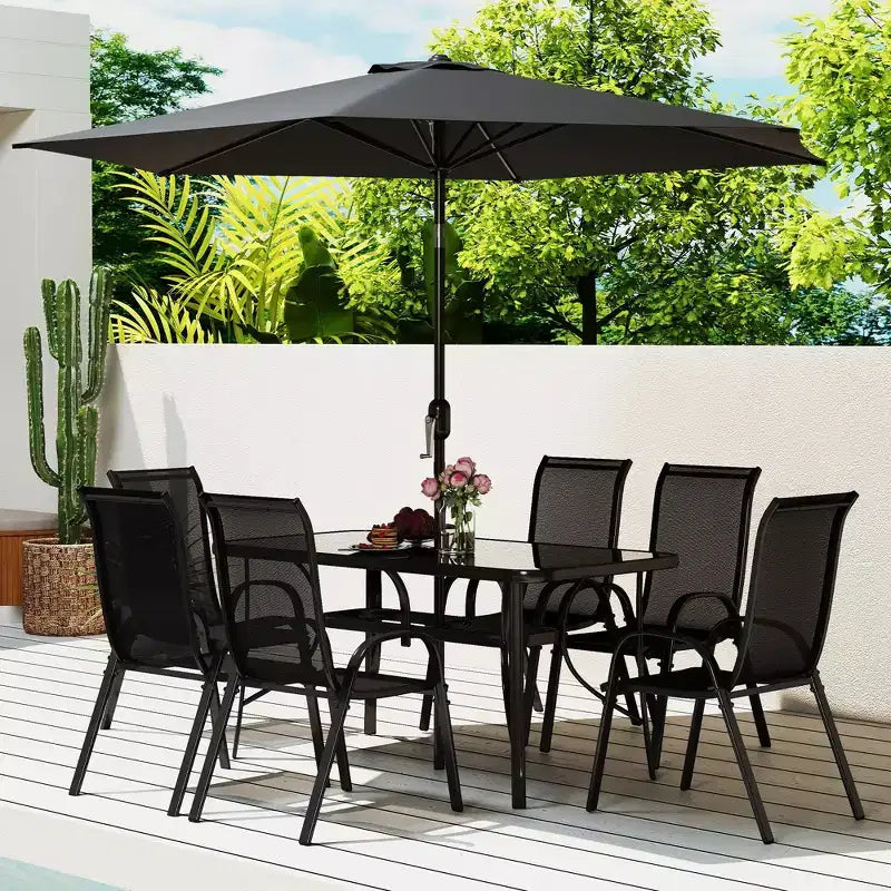 Outsunny Ensemble de Meubles de Jardin 8 Pièces avec Parasol, Table et Chaises de Salle à Manger d'Extérieur, 6 Chaises, Parasol Inclinable à Bouton-Poussoir et Manivelle, Plateau en Verre