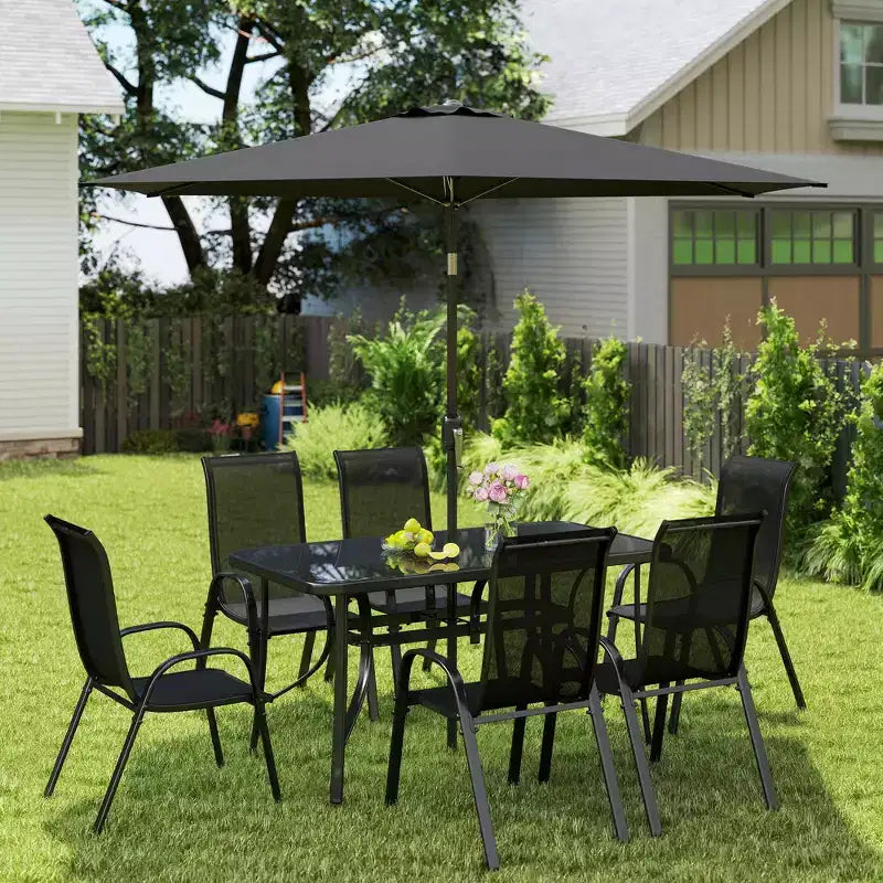 Outsunny Ensemble de Meubles de Jardin 8 Pièces avec Parasol, Table et Chaises de Salle à Manger d'Extérieur, 6 Chaises, Parasol Inclinable à Bouton-Poussoir et Manivelle, Plateau en Verre