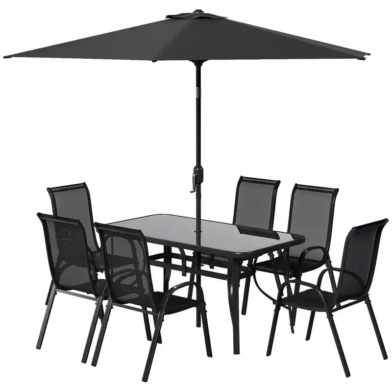 Outsunny Ensemble de Meubles de Jardin 8 Pièces avec Parasol, Table et Chaises de Salle à Manger d'Extérieur, 6 Chaises, Parasol Inclinable à Bouton-Poussoir et Manivelle, Plateau en Verre