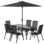 Outsunny Ensemble de Meubles de Jardin 8 Pièces avec Parasol, Table et Chaises de Salle à Manger d'Extérieur, 6 Chaises, Parasol Inclinable à Bouton-Poussoir et Manivelle, Plateau en Verre