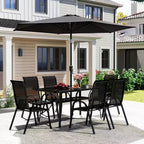 Outsunny Ensemble de Meubles de Jardin 8 Pièces avec Parasol, Table et Chaises de Salle à Manger d'Extérieur, 6 Chaises, Parasol Inclinable à Bouton-Poussoir et Manivelle, Plateau en Verre