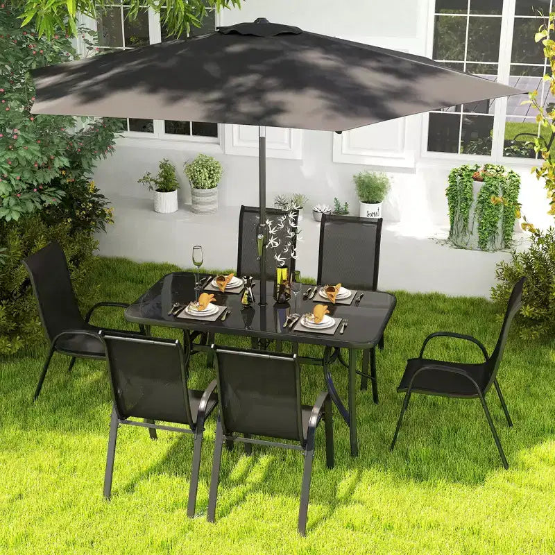 Outsunny Ensemble de Meubles de Jardin 8 Pièces avec Parasol, Table et Chaises de Salle à Manger d'Extérieur, 6 Chaises, Parasol Inclinable à Bouton-Poussoir et Manivelle, Plateau en Verre