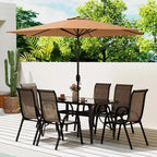 Outsunny Ensemble de Meubles de Jardin 8 Pièces avec Parasol, Table et Chaises de Salle à Manger d'Extérieur, 6 Chaises, Parasol Inclinable à Bouton-Poussoir et Manivelle, Plateau en Verre
