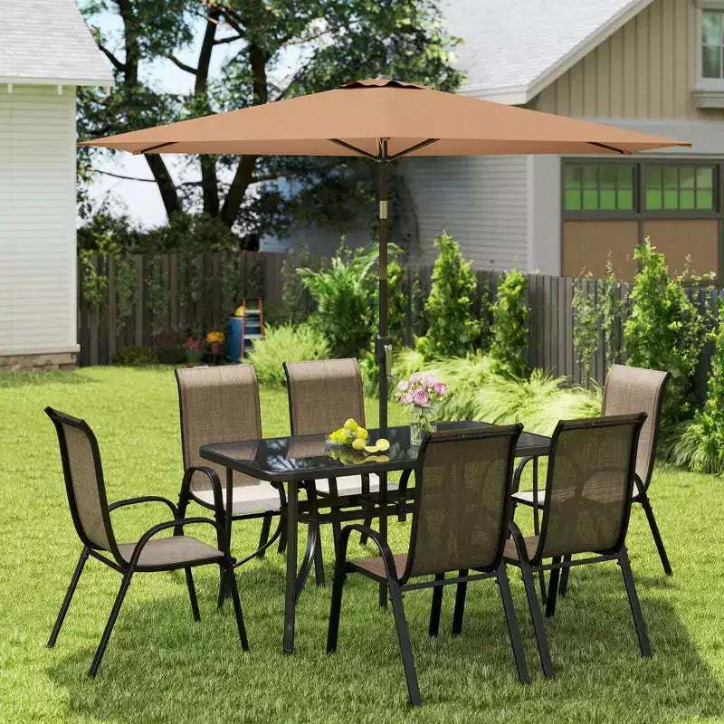 Outsunny Ensemble de Meubles de Jardin 8 Pièces avec Parasol, Table et Chaises de Salle à Manger d'Extérieur, 6 Chaises, Parasol Inclinable à Bouton-Poussoir et Manivelle, Plateau en Verre