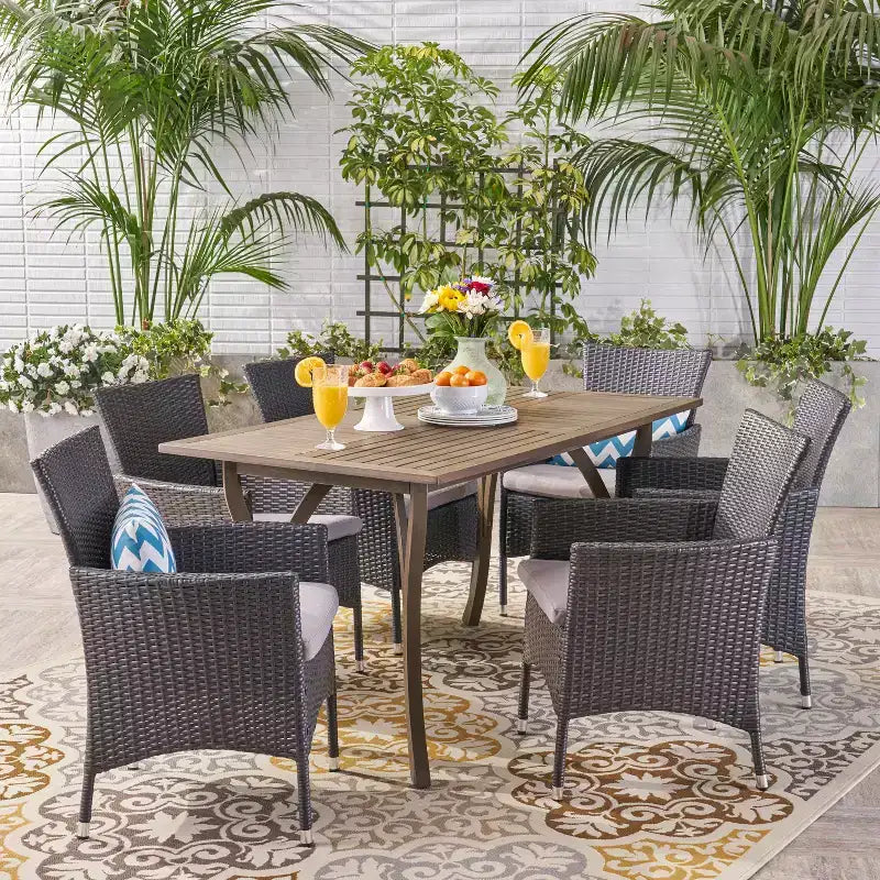 Christopher Knight Home Zain Set da Pranzo da Esterno a 7 Pezzi in Legno di Acacia e Vimini con Cuscini