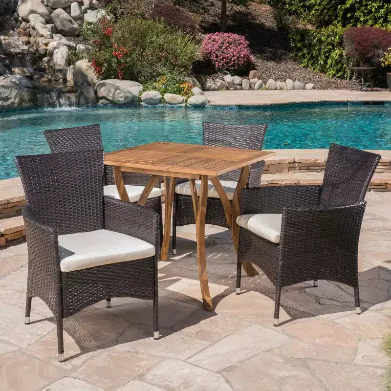 Christopher Knight Home Tyson, ensemble de salle à manger 5 pièces en bois d'acacia et osier d'extérieur avec coussins