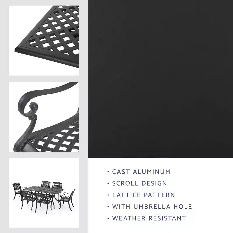 Ensemble de salle à manger d'extérieur Christopher Knight Home Bonneville en aluminium coulé 7 pièces avec trou pour parasol, noir mat antique