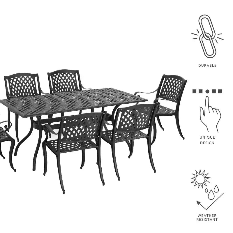 Ensemble de salle à manger d'extérieur Christopher Knight Home Bonneville en aluminium coulé 7 pièces avec trou pour parasol, noir mat antique